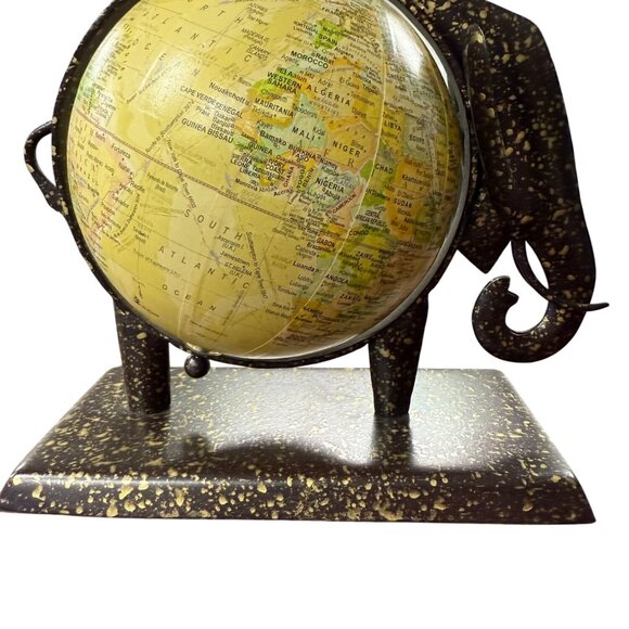 Vintage Elephant-Themed Globe With Speckled Black & Gold Metal Stand - Picture 1 of 9